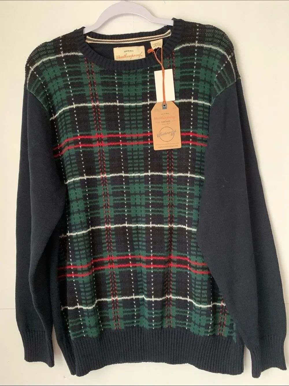 NWT Weatherproof Men's Green Plaid Crewneck Sweater with Black Sleeves Size XXL